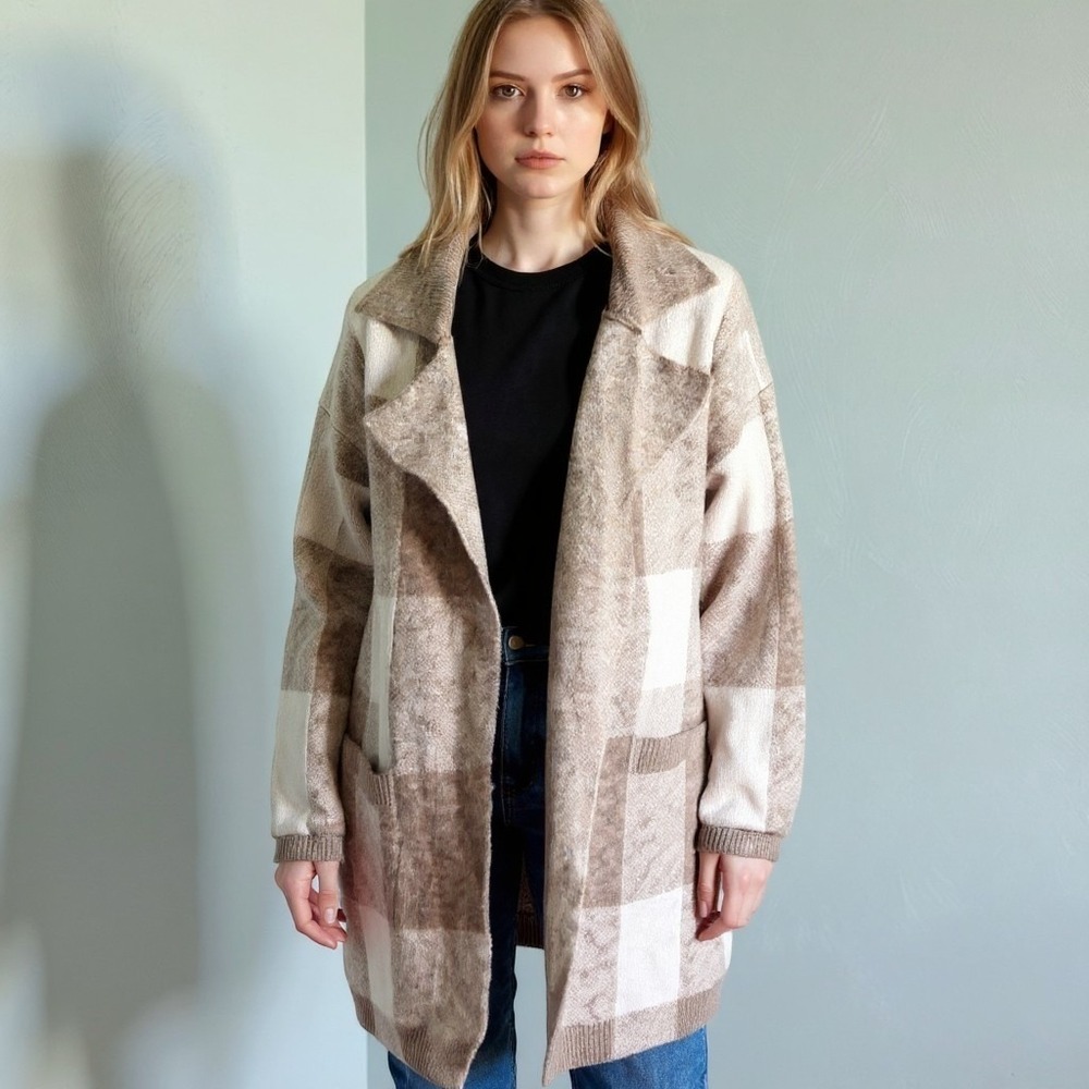 Altar'd State Tan Cream Buffalo Plaid Knit Cardigan Coat XS K3761-23 oversized